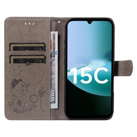 Чехол-книжка Cat Embossing Pattern на Xiaomi Redmi 15C 5G / 4G EU 173mm - серый