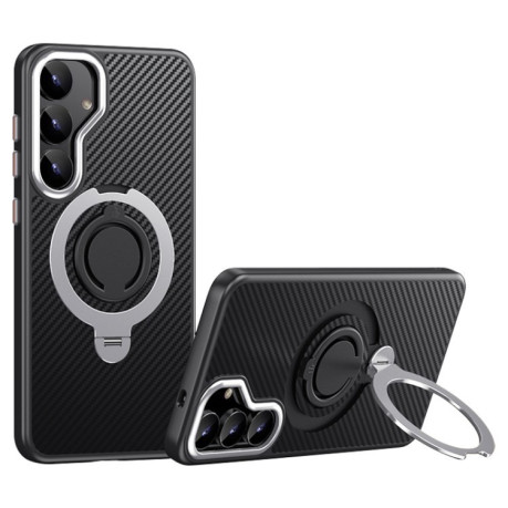 Протиударний чохол Carbon Fiber MagSafe 360 Degree Rotating Holder  для Samsung Galaxy S25+ 5G - чорно-сріблястий