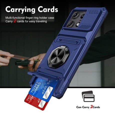 Противоударный чехол Shockproof Card Slot Phone Case with Metal Ring Holder для Motorola Edge 50 Pro - синий