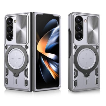 Чехол со шторкой камеры CD фактурой и подставкой на Samsung Galaxy Fold 7 5G - серебристый