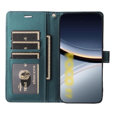 Чехол-книжка Six Card Slots Buckle Leather with Lanyard на на Xiaomi Poco F7 / Xiaomi Redmi Turbo 4 Pro - зеленый