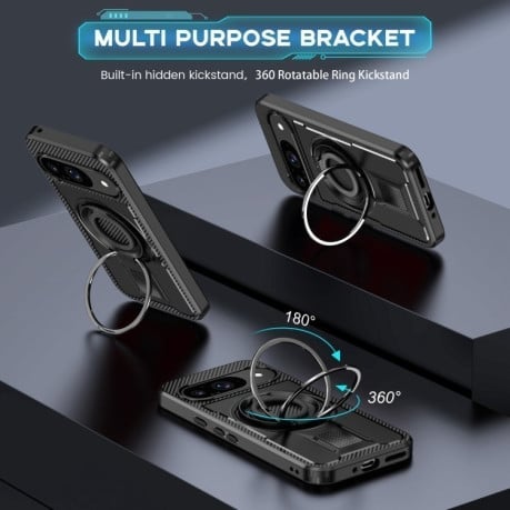 Противоударный чехол Ring Holder Carbon Fiber PC Hybrid TPU для Google Pixel 9 / 9 Pro - черный