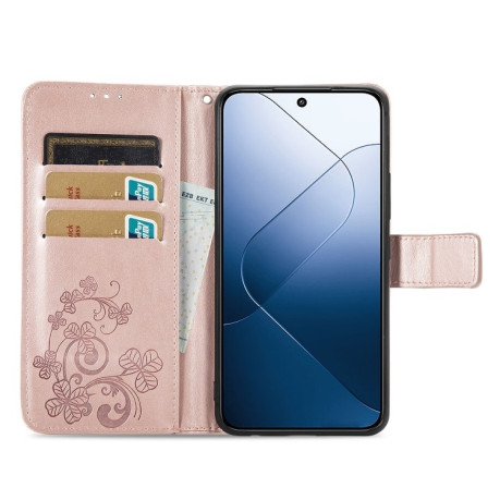 Чехол-книжка Four-leaf Clasp Embossed на Xiaomi 14 Pro - розовое золото