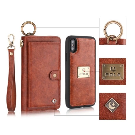 Чехол-кошелек POLA Multi-function Fashion Zipper для iPhone XS Max - коричневый