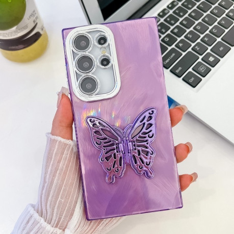 Противоударный чехол Plating Glitter Texture Butterfly для Samsung Galaxy S25 Ultra 5G - Purple Feather Yarn
