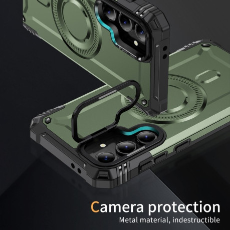Противоударный чехол MagSafe Lens Holder PC Hybrid TPU для Samsung Galaxy S24 FE 5G - зеленый