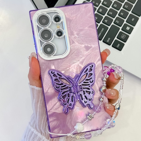 Противоударный чехол Plating Glitter Lens Film Texture Butterfly Holder Wristband для Samsung Galaxy S25 Ultra 5G - Purple Feathers