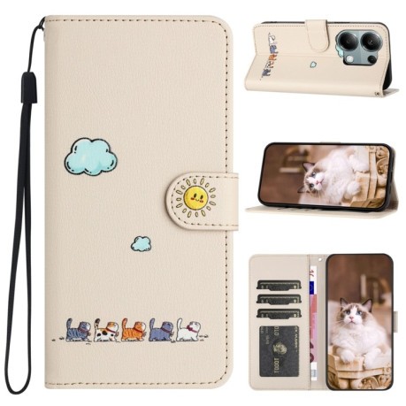 Чехол-книжка Cartoon Cats Leather для Xiaomi Redmi Note 13 Pro 4G / Poco M6 Pro 4G - бежево-белый