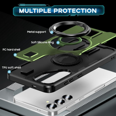 Протиударний чохол Ring Holder Carbon Fiber PC Hybrid TPU  для Samsung Galaxy S25+ 5G - зелений
