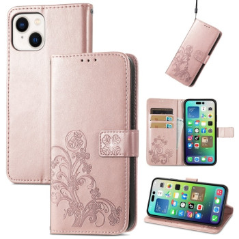 Чехол-книжка Four-leaf Clasp Embossed Buckle на iPhone 15 Plus - розовое золото