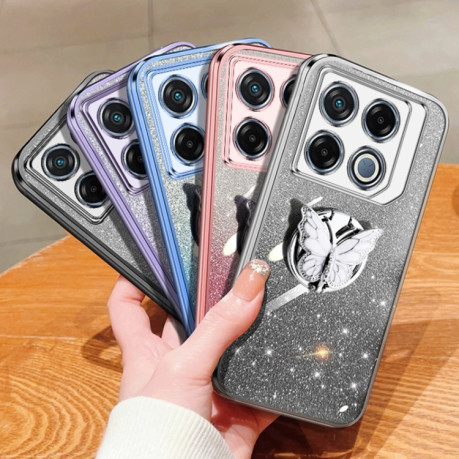 Противоударный чехол Plated Gradient Glitter Butterfly Holder для Infinix GT 20 Pro - серебристый