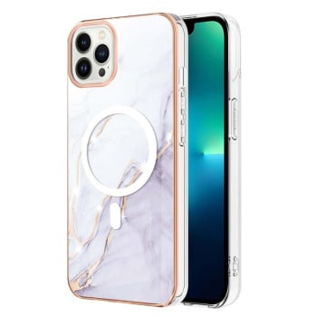 Противоударный чехол Marble Pattern Dual-side IMD Magsafe для iPhone 15 Pro - белый