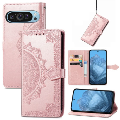 Чехол-книжка Mandala Embossing Pattern на Google Pixel 9 - розовое золото