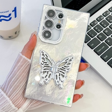 Противоударный чехол Plating Glitter Texture Butterfly Holder TPU для Samsung Galaxy S24 FE 5G - White Tinfoil Texture