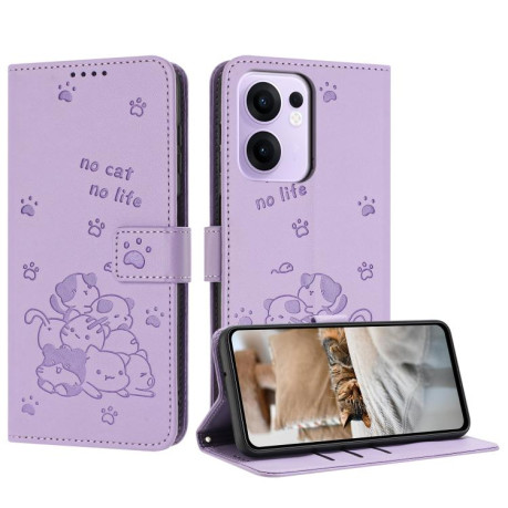 Чехол-книжка Embossed Kitten Phone Leather для OPPO Reno13 F/Reno13 FS- фиолетовый