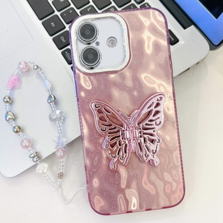 Противоударный чехол Plating Glitter Lens Film Texture Butterfly Holder Wristband для iPhone 16 - Pink Wrinkles