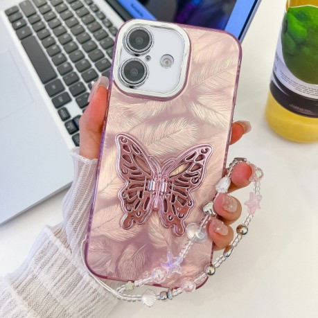 Противоударный чехол Plating Glitter Lens Film Texture Butterfly Holder Wristband для iPhone 16 - Pink Feathers