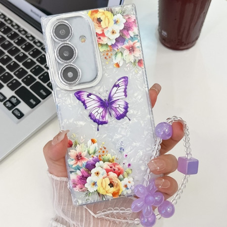 Противоударный чехол Plating Glitter Lens Film Texture Butterfly Holder Wristband для Samsung Galaxy S25+ 5G - Flowers Butterflies