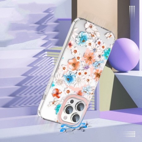 Чехол противоударный with Magsafe Magnetic Shockproof для iPhone 15 - бело-голубой цветок