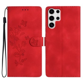 Чехол-книжка Flower Butterfly Embossing для Samsung Galaxy S25 Ultra 5G - красный
