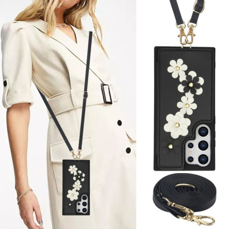 Чохол Crossbody Flower Pattern Leather  для Samsung Galaxy S25 Ultra 5G - чорний