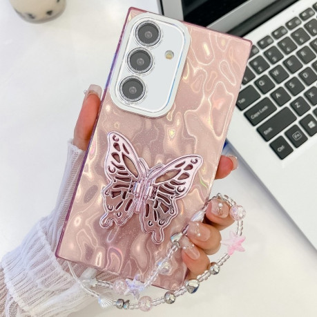 Протиударний чохол Plating Glitter Lens Film Texture Butterfly Holder Wristband для Samsung Galaxy S25+ 5G - Pink Wrinkles