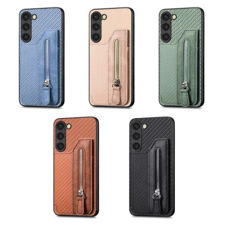 Противоударный чехол Carbon Ffiber Flip Zipper Wallet для Samsung Galaxy S23+Plus 5G - хаки