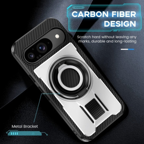 Противоударный чехол Ring Holder Carbon Fiber PC Hybrid TPU для Google Pixel 9 / 9 Pro - белый