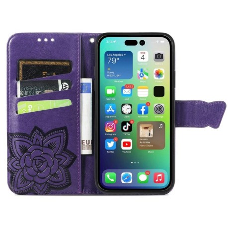 Чехол-книжка Butterfly Love Flower Embossed для iPhone 15 - фиолетовый