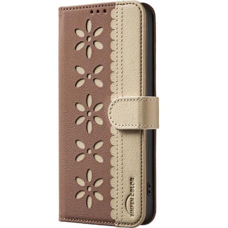 Чехол-книжка Splicing Color Hollow Flower Pattern RFID для Xiaomi Poco F7 5G - коричневый
