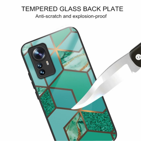 Противоударный стеклянный чехол Marble Pattern Glass на Xiaomi 12 Pro - Rhombus Green