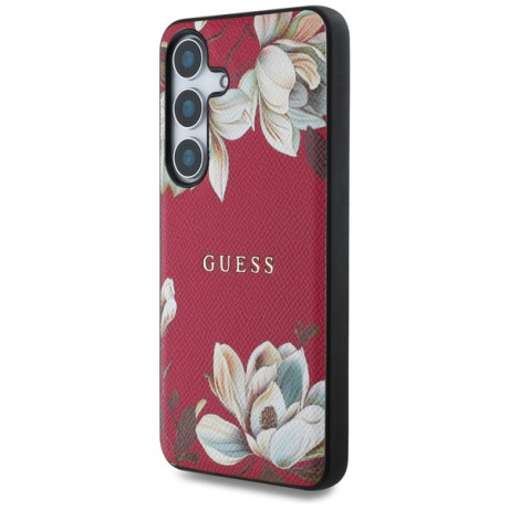 Оригинальный чехол Guess Grained Printed Flower Pattern MagSafe для Samsung Galaxy S25 - fuchsia