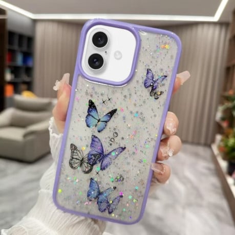 Противоударный чехол Color Butterfly Glitter Epoxy TPU для iPhone 16 Plus - фиолетовый