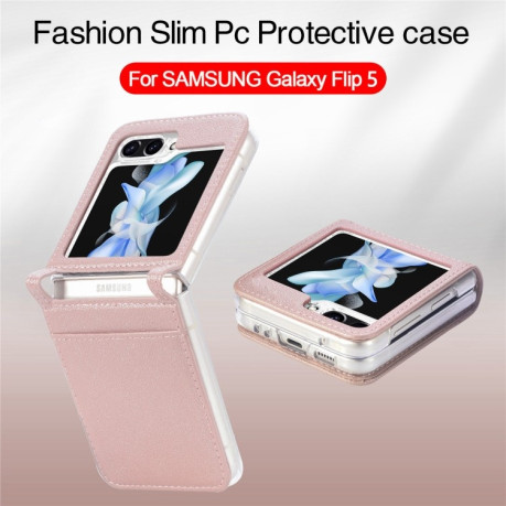 Противоударный чехол Litchi Texture Card для Samsung Galaxy Flip 5 - розовое золото