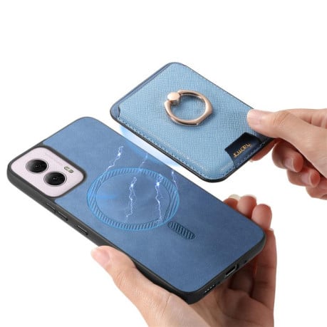 Чехол Retro Cross Leather Ring Vertical Insert Card Bag MagSafe для Motorola Moto G35 5G - синий