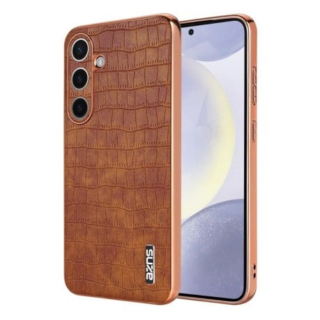 Чехол AZNS Electroplated Frame Crocodile Texture на Samsung Galaxy S25 5G - коричневый