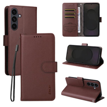 Чохол-книжка ENKAY RFID Blocking Wallet Kickstand з фактурою Litchi та магнітним хлястиком на Samsung Galaxy S25 FE 5G - коричневий