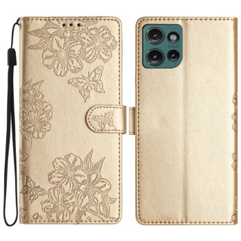Чехол-книжка Cherry Blossom Butterfly Skin Feel Embossed на Motorola Edge 50 5G - золотой