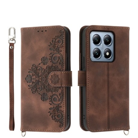 Чохол-книжка Skin-feel Flowers Embossed для Xiaomi 14T Pro - коричневий