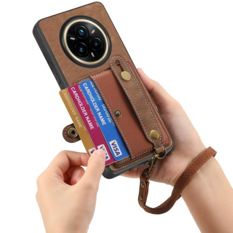 Протиударний чохол Retro Cross Wristband Wallet Leather для Realme 14 Pro+ - коричневий