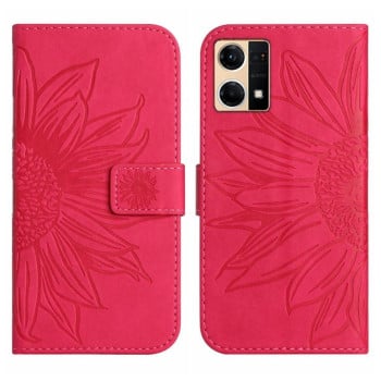 Чехол-книжка Skin Feel с рисунком подсолнуха на OPPO Reno7 4G/Reno8 4G - пурпурно-красный