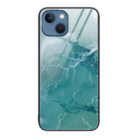 Противоударный стеклянный чехол Marble Pattern Glass на iPhone 14 - Green Ocean