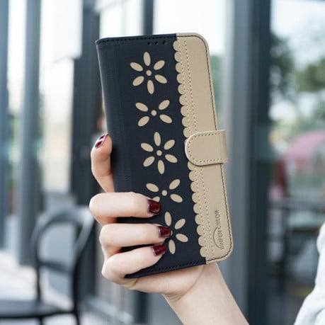 Чехол-книжка Splicing Color Hollow Flower Pattern RFID для Xiaomi Poco F7 5G Global - черный