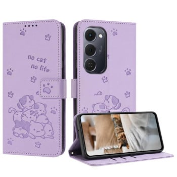 Чехол-книжка Embossed Kitten Phone Leather на Tecno Spark 40 Pro+ 4G - винно-красный — фиолетовый
