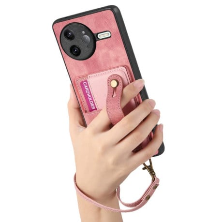 Чохол-гаманець у вінтажному стилі Retro з ремінцем на зап'ястя на Xiaomi Poco F7 Pro - рожевий
