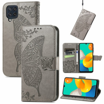 Чехол-книжка Butterfly Love Flowers Embossing на Samsung Galaxy M32/A22 4G - серый