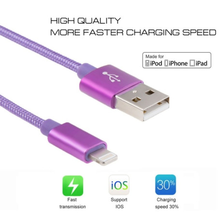 Зарядный кабель 1m 3A Woven Style Metal Head 8 Pin to USB Data / Charger Cable для iPhone - фиолетовый
