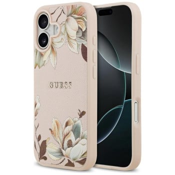 Оригинальный чехол Guess Grained Flowers Classic Logo с MagSafe на iPhone 17 - Pink