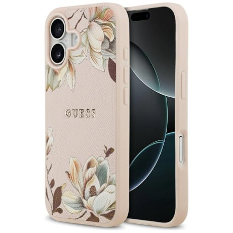 Оригинальный чехол Guess Grained Flowers Classic Logo с MagSafe на iPhone 17 - Pink