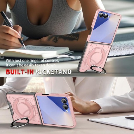 Ударозахисний чохол Transparent MagSafe Magnetic Rotating Ring Holder для Samsung Galaxy Flip 7 5G - рожевий